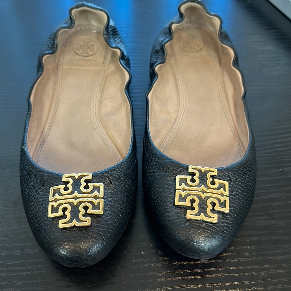 Tory Burch Black Flats with Gold Logo